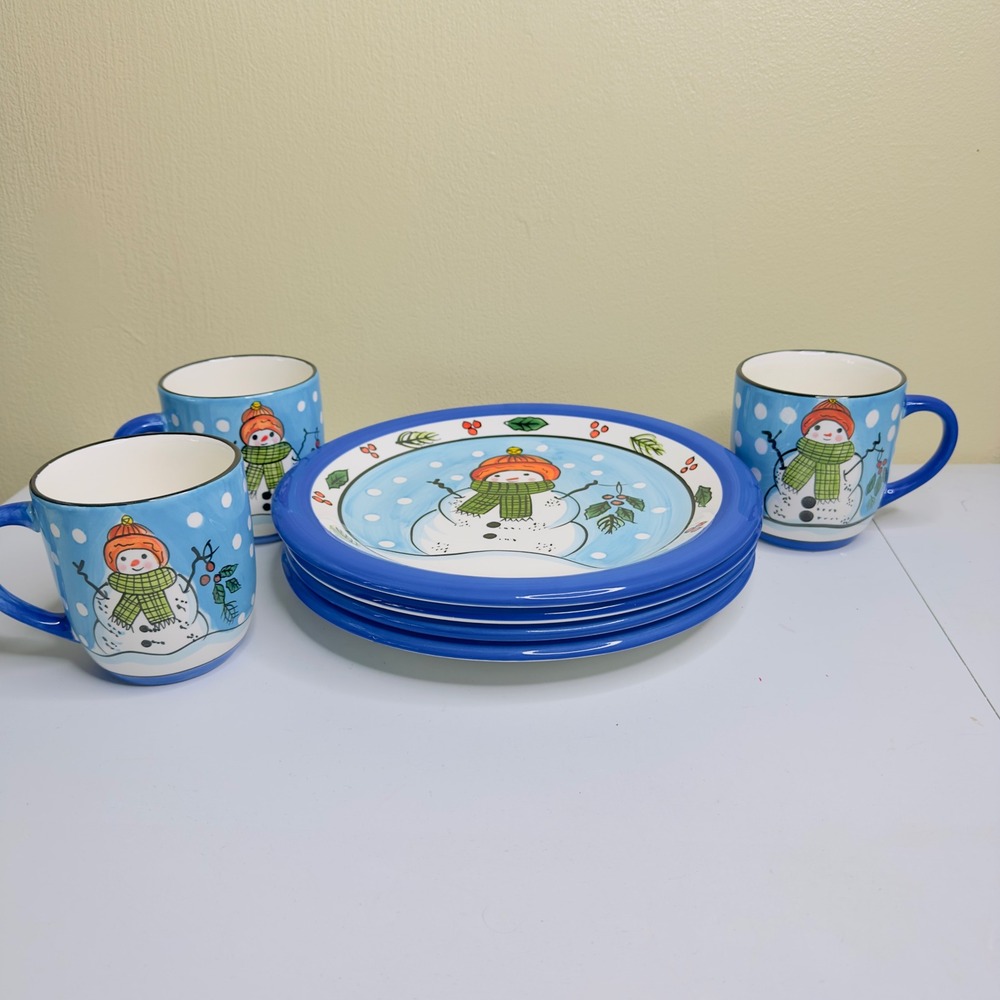 Snowman Holiday Plate & Mug Set Christmas Dinnerware Dishes Winter Decor